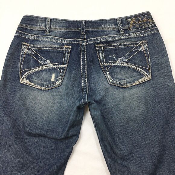 SILVER Suki Jeans Women 36x30 Straight Medium Wash Distressed Stretch Denim Blue - Picture 6 of 16